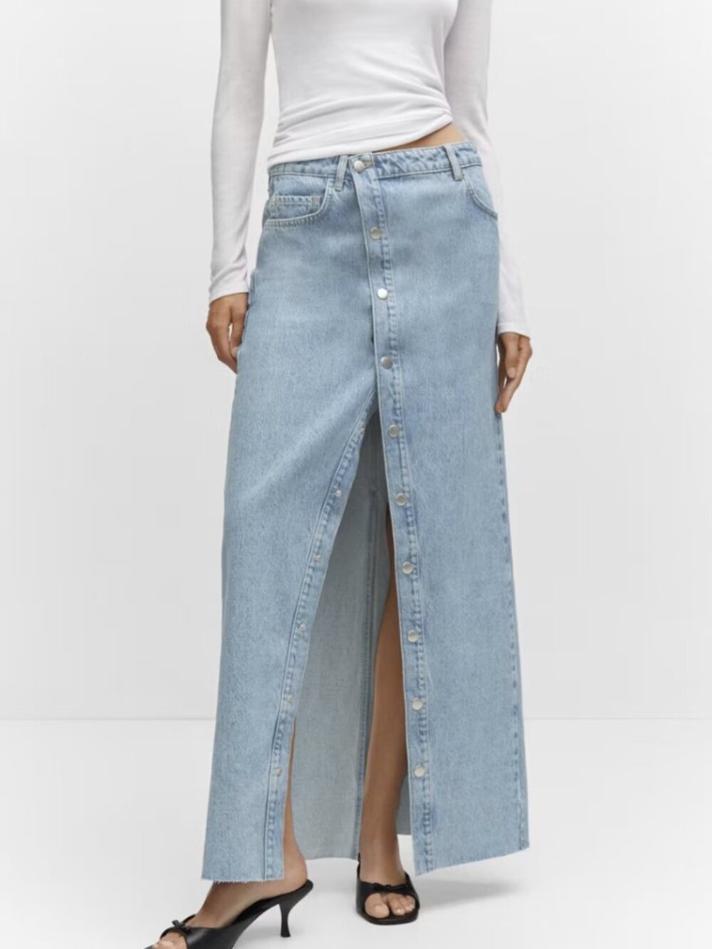 Mango Light Blue Button-Front Denim Maxi Skirt